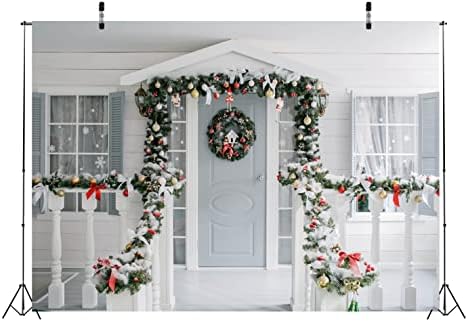 Beleco 10x8ft בד נושא חג המולד צילום תפאורה דלת חדר לבן מעוטרת בענפי עץ חג המולד כדורים רקע זר לחג