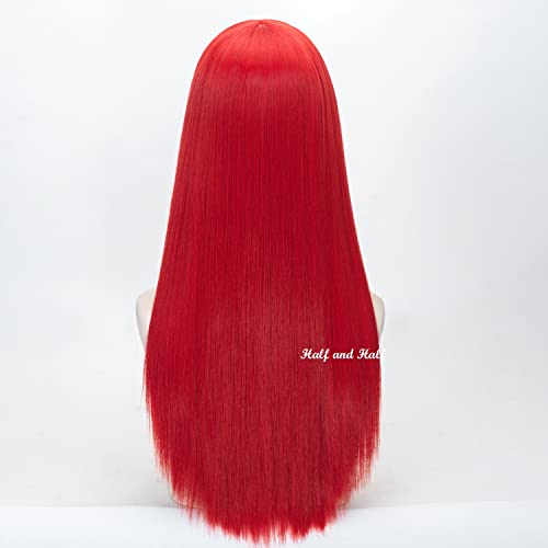 ייחודי 24 אינץ אדום פאות לנשים ארוך ישר בהיר אדום שיער פאה עם פוני חום עמיד סינטטי פאה + כובע פאה