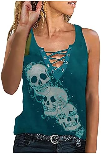 נשים של גופיות, קיץ סקסי אופנה גולגולת הדפסת מזדמן שרוך אפוד רופף אלגנטי עם צווארון שרוולים חולצה