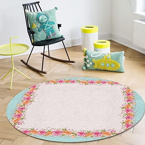 שטיח שטח עגול גדול לחדר שינה בסלון, שטיחים 6ft ללא החלקה לחדר ילדים, יום האם פרחים ורודים צהבה