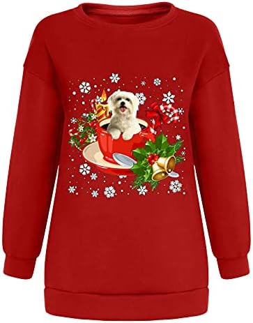 חולצות סתיו של נשים, שרוול ארוך סווטשירט סווטשירט חג המולד קלאסי כלב חולצות מודפסות חולצות סוודר רופף מזדמן