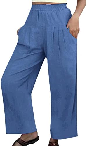 WOCACHI נשים מזדמנים מזדמנים מותניים אלסטיים רופפים כותנה מכנסי פשתן חתולים מכנסי רגל רחבים מכנסי טרנינג רחבים