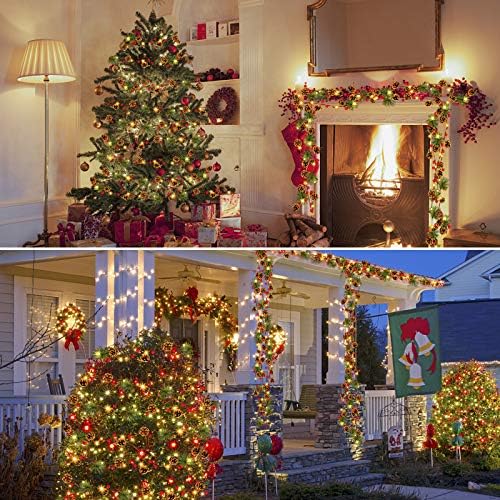 11ft 35 led זר חג המולד עם אורות, אורות pinecone חג המולד אדום פירות אור אורן מחטי פעמון סוללת