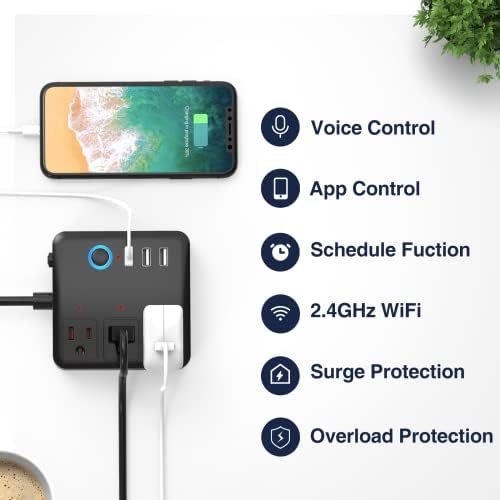 רצועת חשמל של Ohmax Smart Plud עם 3 יציאות USB חכמות ו -3 חנויות חכמות מבוקרות בנפרד, עובדת עם Alexa Google Home,