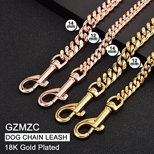 שרשרת כלבים של GZMZC רצועת רצועה זהב 15 ממ שרשראות רצועה כלב כבד עם ידית מרופדת לעור לשרשרת צווארון