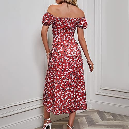 שמלת בוהו חריץ פרחונית של נשים שרוול שרוול שרוול מרובע שמלות מידי שומיות קיץ קוטגאקורה מזדמנת מחוץ לכתף א-קו