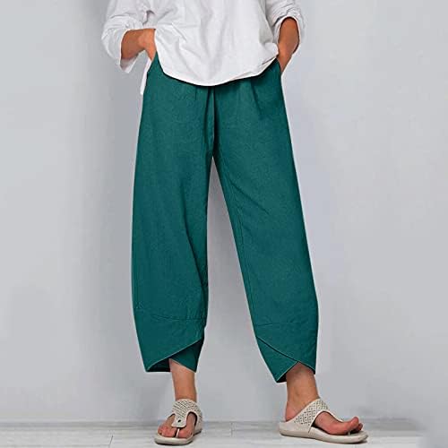 מכנסי קאפרי קיץ לנשים, כותנה פשתן רחבה קפריס קפריס מכנסיים קצוצים חוף חוף מותניים אלסטיים מכנסי