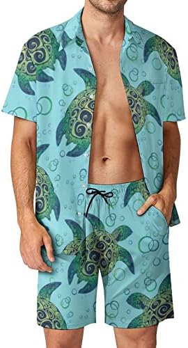WeedKeycat צבי ים דפוס תלבושות חוף לגברים 2 חלקים כפתור הוואי למטה חולצה מטה שרוול קצר ומכנסיים