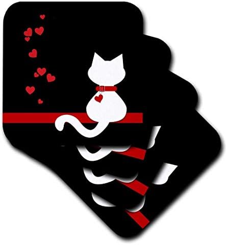 3 רוז 164792_3 אוהבי חיות מחמד לבבות אדומים חתול קיטי לבן-תחתיות אריחי קרמיקה, סט של 4