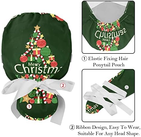 כובעים רפואיים לנשים עם כפתורים שיער ארוך, כובע עבודה מתכוונן 2 חלקים, דפוס אלמנט חג המולד