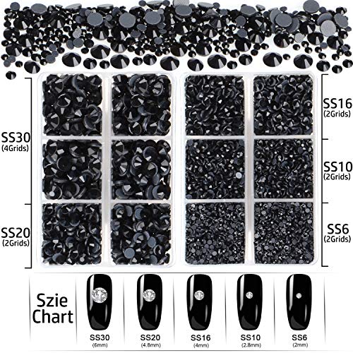 LPBEADS 6400 חתיכות תיקים חמים אבני חן שחור שטוח גב 5 גדלים מעורבים גבישים עגולים אבני חן עם פינצטה