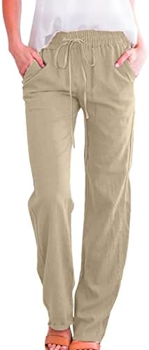 מכנסי פשתן מזדמנים של Fedulkstore מכנסי פשתן מזדמנים עם רגל ישרה מכנסיים ארוכים טרקלין שרוך מכנסיים