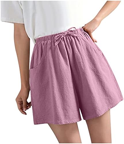 מכנסי פשתן רחבים שורשים לנשים שרוך אלסטי מותניים גבוהות בקיץ מכנסיים קצרים ברגל רחבה מכנסיים מזדמנים