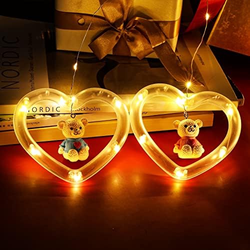 אורות וילון לב של בלומווין מיתרים אורות חלון חג האהבה, אורות פיות בצורת לב עם דוב ורוד וכחול, קישוטי יום ולנטיין