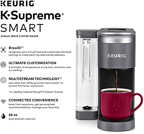 מכונת קפה עם הגשה יחידה חכמה של קיוריג ק-סופרם עם תאימות לאינטרנט אלחוטי, 4 גדלי בישול ומאגר נשלף של