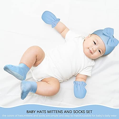 12 זוגות כובע כפה של תינוק שזה עתה נולד עם קשת, גרבי תינוקות אנטי להחליק וכפפות כותנה אין כפפות שריטות