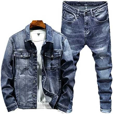 סט ג'ינס לגברים בסתיו אביב, מעיל מטען וינטג 'ומכנסי עיפרון, ג'ינס לבגדים חיצוניים תלבושת תואם