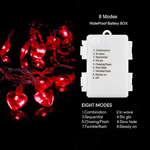קישוטי אורות מיתרים של יום האהבה - 8.2ft/2.5m 20 אדום בצורת לב 8 מצבי פלאש סוללה המופעלת על פיות