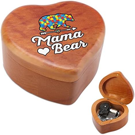 אימא דוב מודעות לאוטיזם קופסת מוסיקה מעץ צורת לב קופסאות מוזיקליות קופסאות עץ וינטג 'למתנה