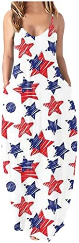 למדודן 4 ביולי שמלה ארוכה לנשים ללא שרוולים שמלה קיצית עם צווארון דגל אמריקאי הדפסת שמלת מקסי ליום העצמאות עם