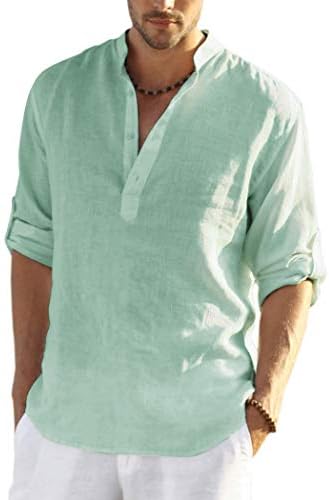 פשתן כותנה של גברים קופנדי הנלי חולצה שרוול ארוך היפי חולצות חוף מקרית