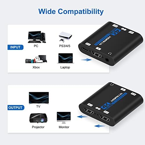 4K@60Hz מפצל HDMI 1x2, HDMI מפצל 1 ב -2 בחוץ לצג כפול, תומך בקנה מידה אוטומטי, HDCP 2.2, HDMI 2.0B, RGB