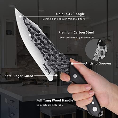סכין שף Huusk עם נדן סכין ויקינג מזויף מסכין עצם פלדת פחמן גבוהה לחיתוך בשר סכין קצב מלא סכין בישול חיצוני למטבח