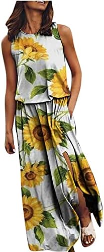 נשים חמניות מודפס מקסי שמלות קיץ ללא שרוולים צוואר טנק זורם ארוך שמלה סקסי פיצול חוף נדנדה שמלה קיצית