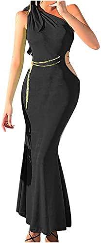 נשים שמלות ערב סקסיות חגורת שרשרת מתכת חידוש כתף אחת ארוכה Bodycon התלקחות שולי מותניים פתוחה שמלת קוקטייל y2k