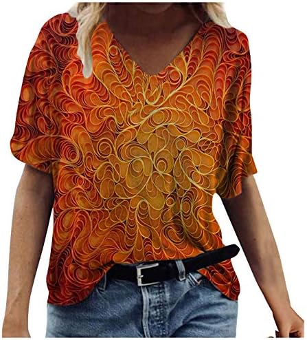 חולצות לנשים טרנדי 2023 קיץ למעלה רטרו מודפס קצר שרוול עם צווארון רופף חולצה מזדמן טי חולצות חולצות גדולות