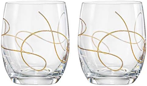 כוס זכוכית, עם עיצוב מיתרי זהב, כוסות מיושנות כפולות, סט של 2 כוסות, מאת ברסקי, מיוצר באירופה, 14oz.