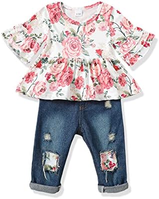 תינוקת בגדי פעוט ילדה תלבושת תינוקות ג 'ינס קרוע ג' ינס לפרוע פרחוני נמר חולצה צפצף סט ילדה 0-4 ט