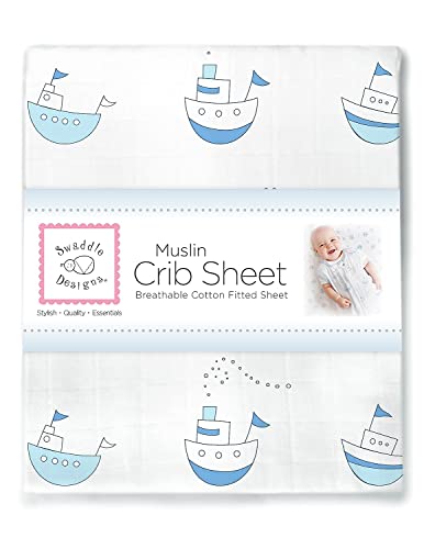 SwaddleDesigns רך הכותנה הרכה ביותר מוסלין מצויד גיליון עריסה/יריעת פעוטות לתינוק ונערה, אוניות קטנות כחולות