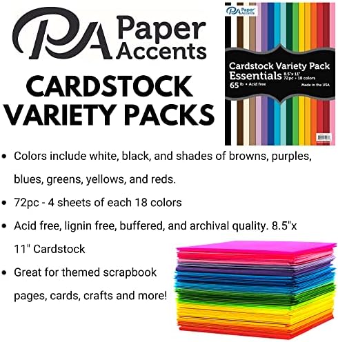 מבטאי נייר מגוון חבילה 8.5 x 11 72pc 65 קילוגרם נייר קרטון צבעוני חיוני, 4 גיליונות כל אחד מ -18 צבעים כוללים: