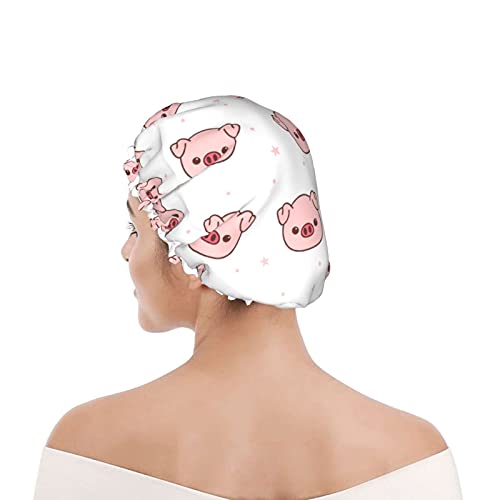 מכסה מקלחת מצויר של חזיר ורוד כובע שיער חמוד לשימוש חוזר לנשים בנות שיער ארוך שכבה כפולה אטום מים