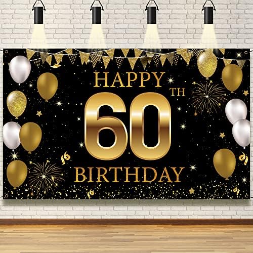 קישוטי יום הולדת 60 באנר תפאורה, זהב שחור שמח קישוטי יום הולדת 60 לגברים נשים, אבזרי צילום של מסיבת יום הולדת