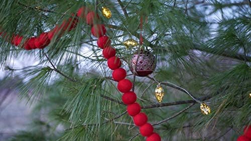 סחלב וקיסוס 7 רגל אדום צמר אדום כדור פום פום פום גרלנד w/ 85 כדורי לבד - רטרו וינטג 'עץ חג המולד עיצוב חג