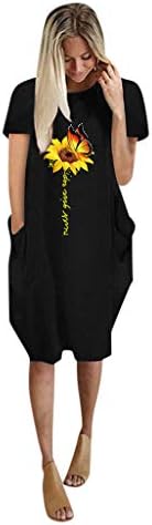 נשים טוניקת שמלה מזדמן רופף קצר שרוול חמניות הדפסת ענקיות בבאגי סוודר חולצה מיני שמלות עם כיסים