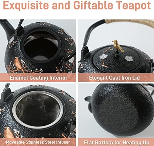Sechudo Tea Set Teate Kettle Style Style Style Black Black Cast Seteakote עם 4 כוסות, 1 טריבה