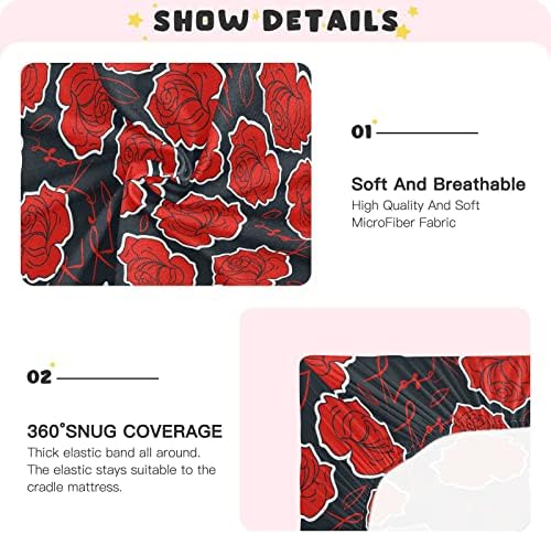 גיליונות עריסה של פרחים אדומים לבנות בנות, סדין עריסה רך ומותאם למזרן עריסה רגיל, מיטות פעוטות 39x27 ב- H130692
