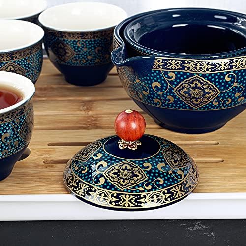 ערכת תה נסיעות ניידת של Fanquare Porcelain, דפוס פרחי זהב, 4 כוסות, מגש תה קומקום ומגש עם תיק נסיעות, ירוק כהה