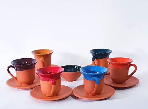 סט כוסות קפה טרקוטה בעבודת יד DLK, סיר חימר צבעוני 6 x כוס קפה חרס וכוס 1 x סיר תענוג, רב צבעוני
