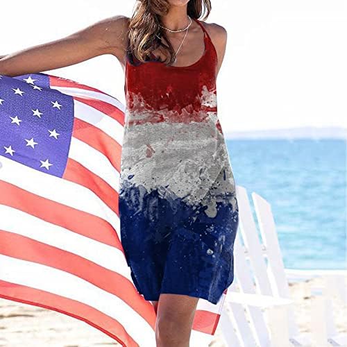 4 ביולי חוף שמלה לנשים קיץ מזדמן בוהמי שמלת אמריקאי דגל שרוולים סקופ צוואר זורם מיני שמלות קיץ