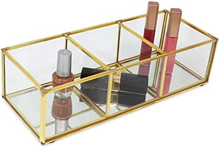 אייזק ג'ייקובס 3-תאים בסגנון וינטג 'מארגן פליז וזכוכית, פתרון מגש רב-חתך ואחסון עם בסיס מראה, לאיפור