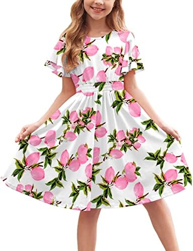 שמלת קז ' ואל של ילדה ארשינר קיץ סקופ צוואר שרוול קצר הדפס זורם ושמלת קיץ רגילה לילדים 4-14