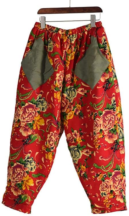 UKTZFBCTW מכנסי נשים חורף מודפסים מותניים אלסטיים כותנה מכנסיים מכנסיים בסגנון סיני סגנון עבה ברגל