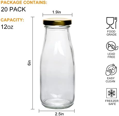 בקבוקי זכוכית 12 גרם, בקבוקי חלב זכוכית צלולים עם מכסים אטומים באוויר מתכת, ארוחת בוקר וינטג 'שייק מיכל צלול, בקבוקי