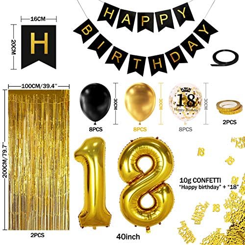 Movinpe 18 קישוט מסיבת יום הולדת זהב שחור, באנר ליום הולדת שמח, ג'מבו מספר 18 בלון נייר כסף,