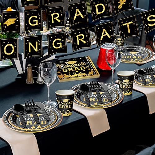 2023 מסיבת סיום כלי שולחן קישוטי כולל בוגר צלחות, מפיות, כוסות, סכום, מפת שולחן, מזל טוב גראד