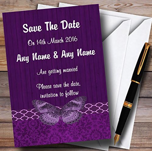 פרפר עץ וינטג 'כפרי חתונה בהתאמה אישית סגולה חסוך את כרטיסי התאריך